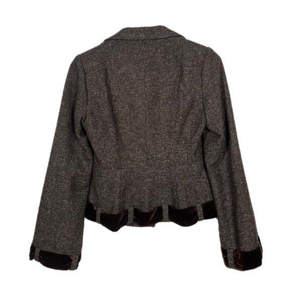 Nanette Lepore Brown Tweed Velvet Ribbon Trim Blazer Size 2 - Picture 2 of 4